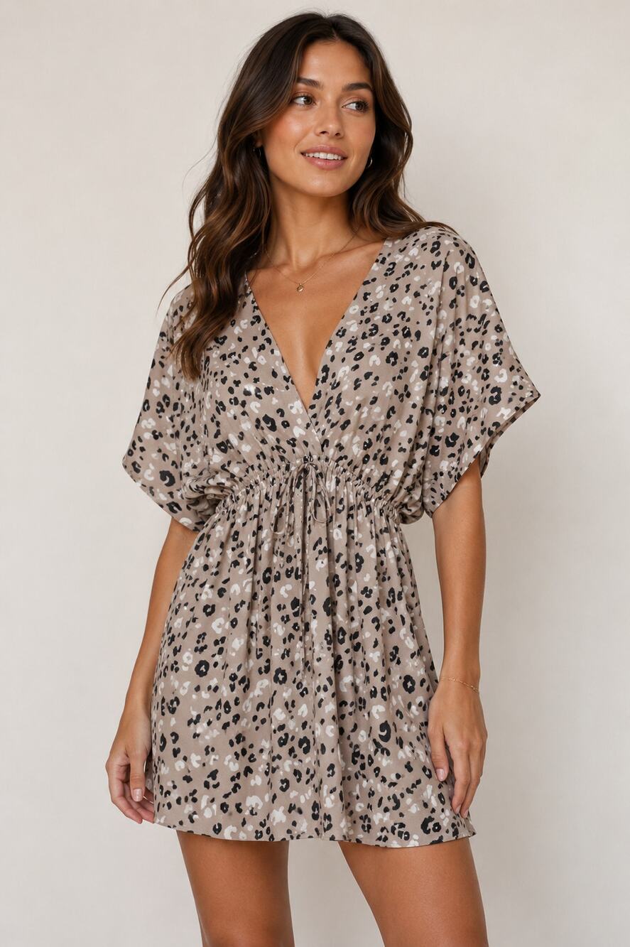 V-Neck Leopard Print Mini Dress MEDIUM